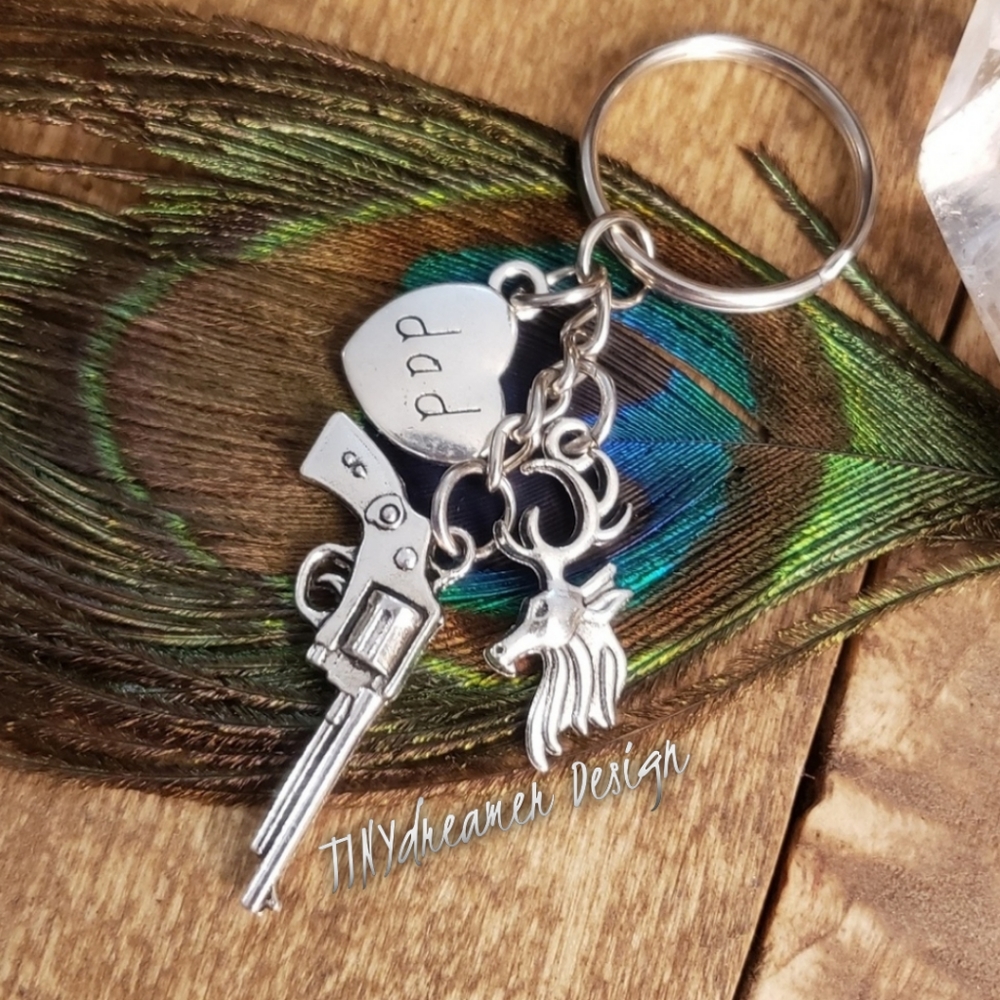 DAD Keychain Father Deer Stag Hunter Gun Revolver Pistol Keychain ~Father's Day~